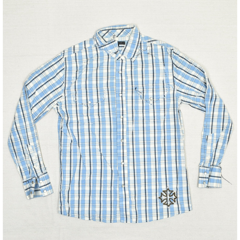 Monarchy Men's Pearl Snap Shirt Plaid Long Sleeve Cotton Blue Size L